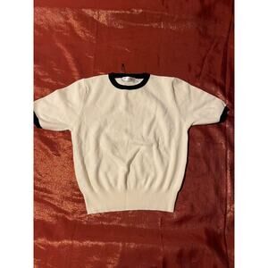 Knit Mix Sweater Womens S Short Sleeve Crewneck Ribbed Hem White Black Trim Knit